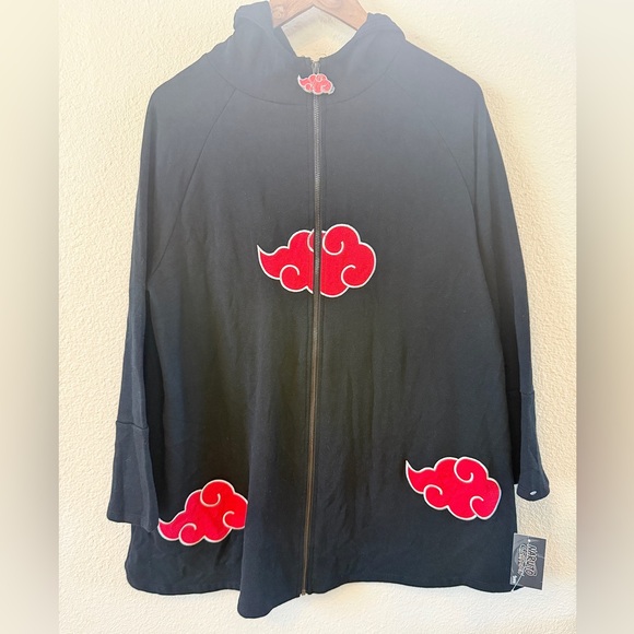 Hooded Zip Up Jacket - Black w/ Red Clouds, Unisex —Med, Naruto Shippuden, Anime - Picture 6 of 13